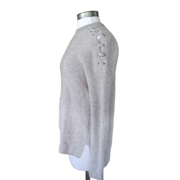 C by BLOOMINGDALE'S Cashmere Sweater RIbbed Laced Shoulders Medium Warm Gray - Picture 3 of 9